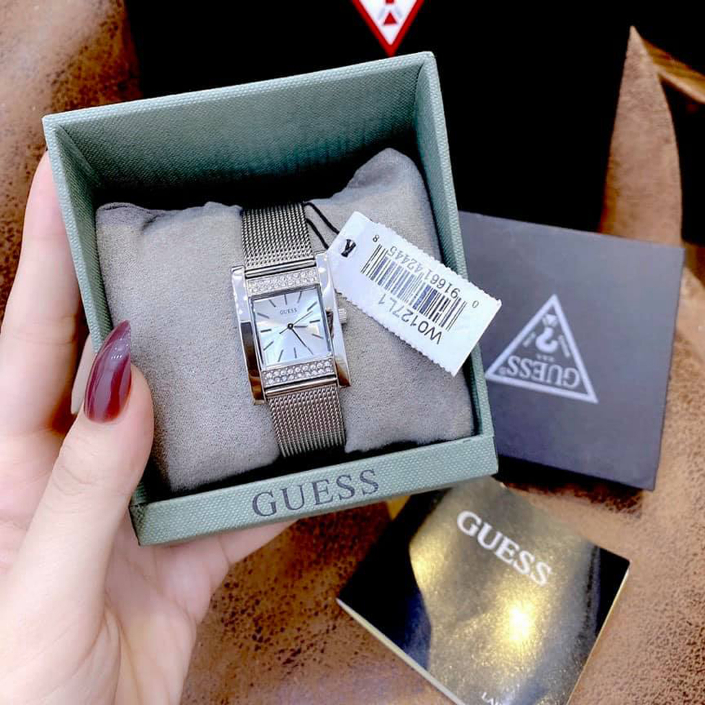 Đồng Hồ Nữ Guess JAPAN WATCH Mặt Vuông Thiết Kế Viền Đính Đá Dây Kim Loại Lưới Thép Không Gỉ Bạc