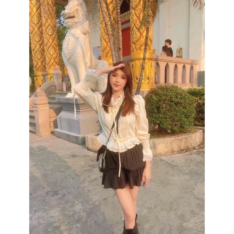 Áo Kiểu Dài Tay Viền Bèo Kèm Ảnh Thật