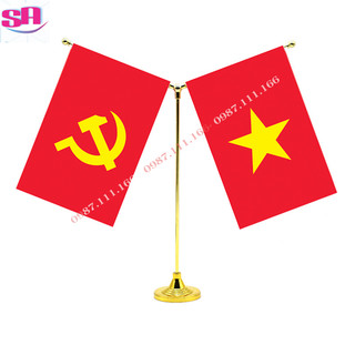 Cờ Để Bàn Đế thép Loại cắm 2 cờ tùy chọn đế và cây cắm màu vàng
