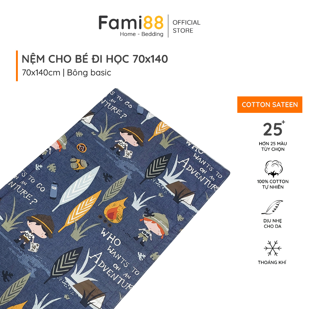 Nệm cho bé trai đi học Cotton Satin Fami88 Bedding cao cấp, họa tiết trẻ em đẹp 100% vải sợi tự nhiên mềm mát.