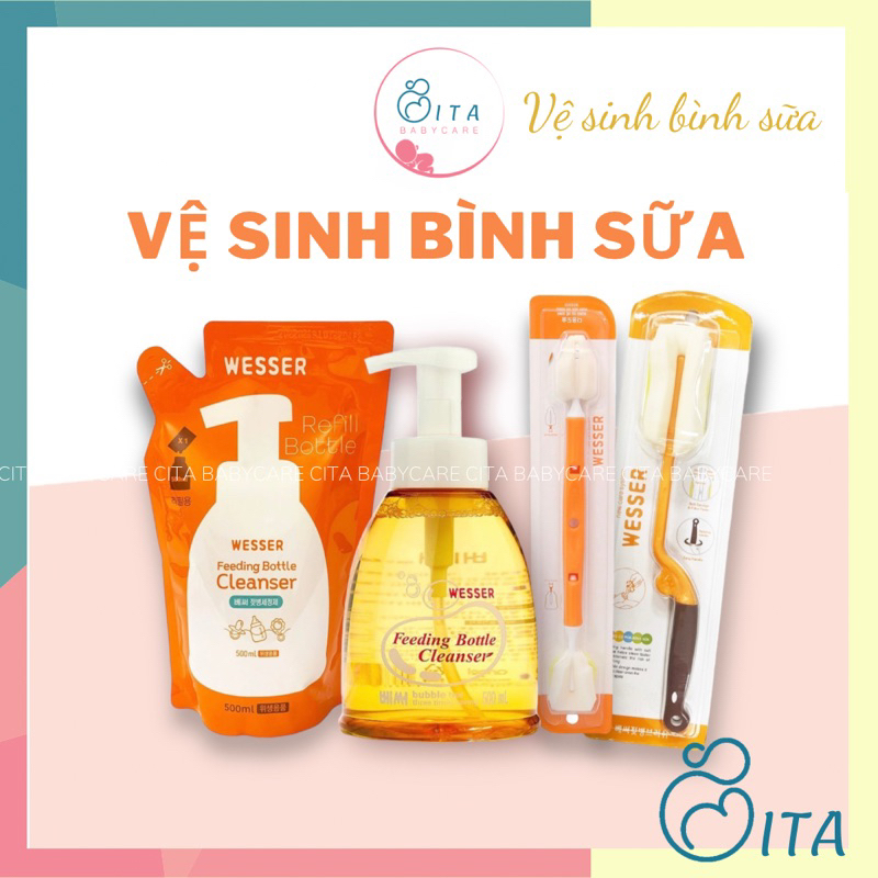 Combo Nước rửa bình sữa + Dụng cụ vệ sinh bình sữa Wesser