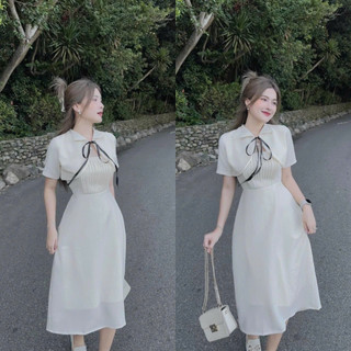 Đầm váy nữ phối voan chinfon họa tiết dập ly trước ngực mix áo khoắc cột dây dễ thương xinh xắn dự tiệc