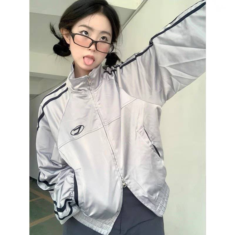 Áo khoác dù JACKET màu xám sọc tay logo thêu UNISEX form rộng nam nữ chất dù 2 lớp dày dặn