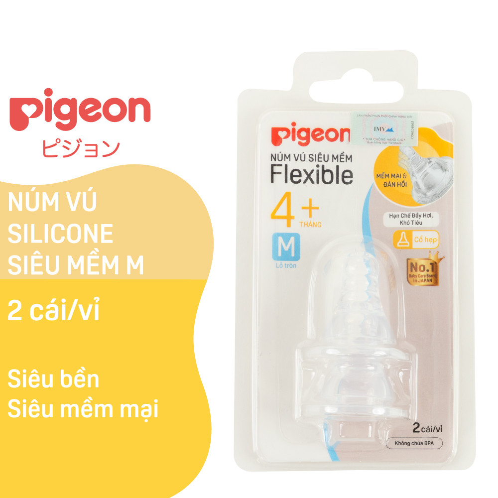 Núm vú Pigeon cổ hẹp silicone siêu mềm Size S M L Y (Vỉ 2 cái)