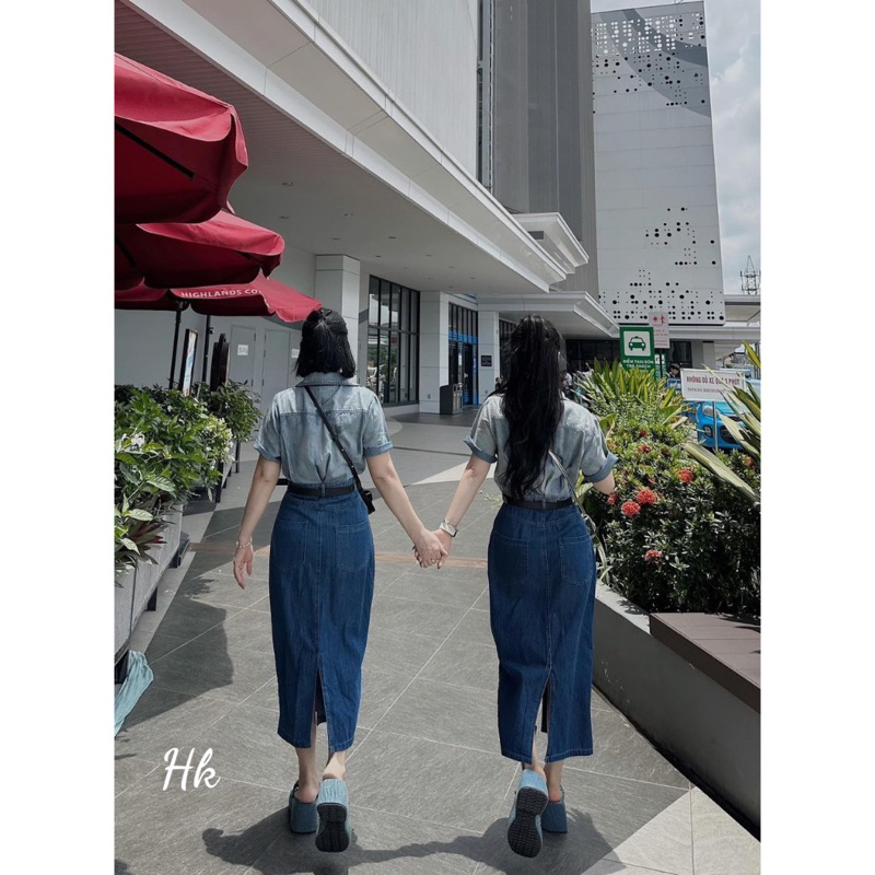 Pass szM new nguyên tag Váy sơ mi bò kèm đai lưng chất dày dặn co giãn hàng quảng châu