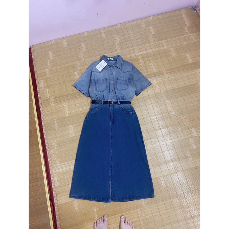 Pass szM new nguyên tag Váy sơ mi bò kèm đai lưng chất dày dặn co giãn hàng quảng châu