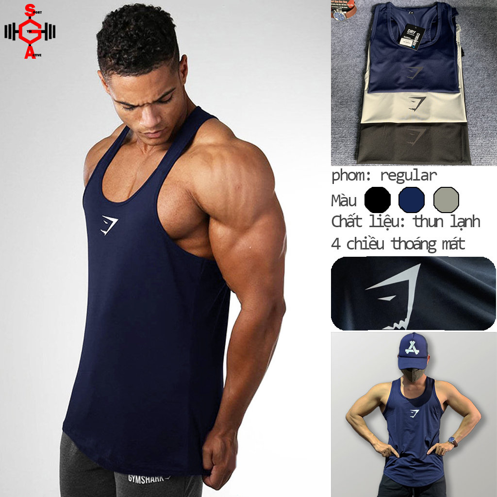 Áo ba lỗ nam tập gym tank top thể thao phom đẹp thoải mái thoáng mát stringer Gym.sharks thun lạnh 4 chiều gym nam