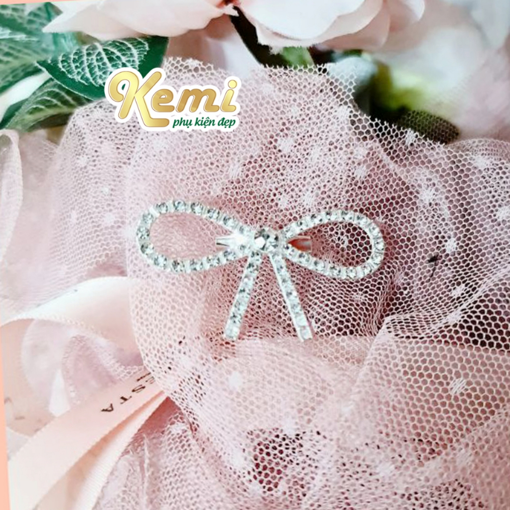 Nơ đá cài áo váy đầm, ghim cài áo sơ mi hình nơ đính đá 5x3 cm