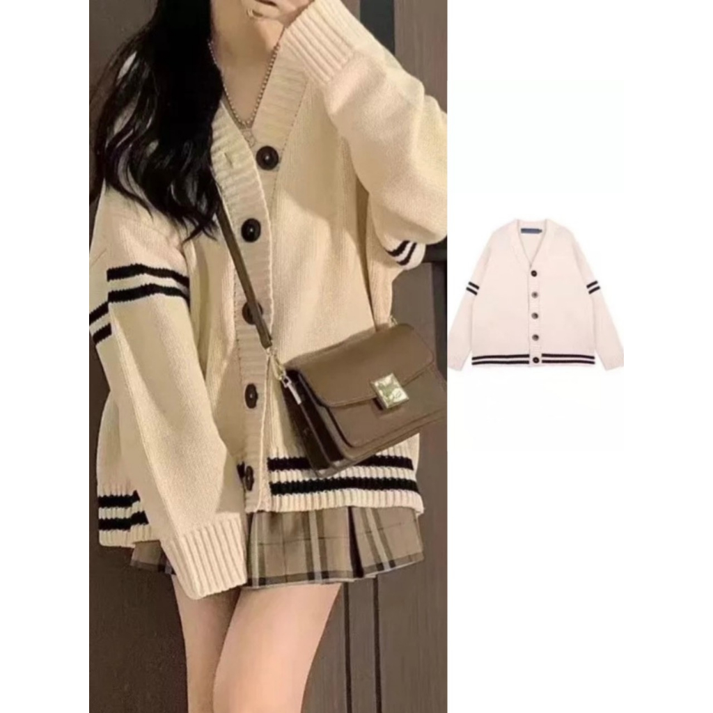 Áo khoác len cardigan màu be viền sọc ngang siêu xinh CDGlenvachtay9916 P7K1