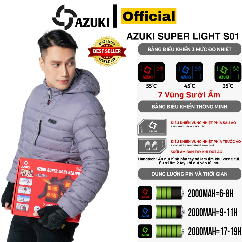 Bộ áo sưởi ấm AZUKI Super light S01 Pin 20000mah Mẫu Mới Nhất