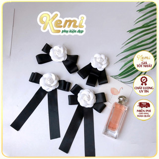 Tag cài áo váy hoa trà phối nơ ruy băng handmade