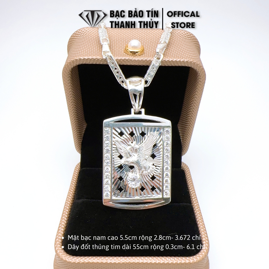 Mặt dây chuyền bạc nam Bảo Tín Thanh Thủy, mặt dây chuyền vuông đại bàng 5.5cm rộng 2.8cm 3.672 chỉ bạc ta nguyên chất
