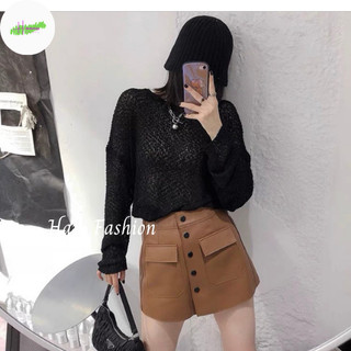 Quần giả váy da Haviss dáng chữ a ngắn phối khuy thiết kế túi trước phong cách trẻ trung thời thượng