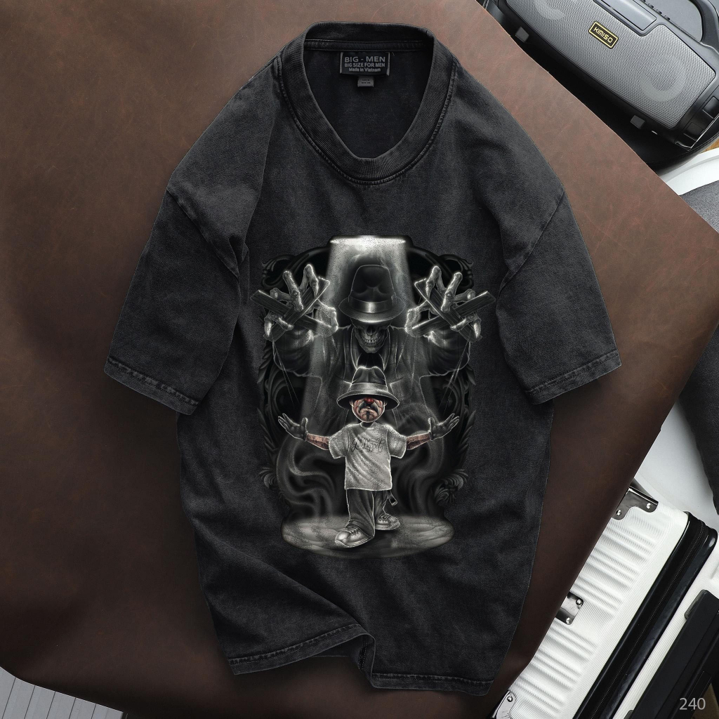 Áo thun cotton wash bigsize nam in hình thời trang cỡ đại < 140kg - bóng đêm