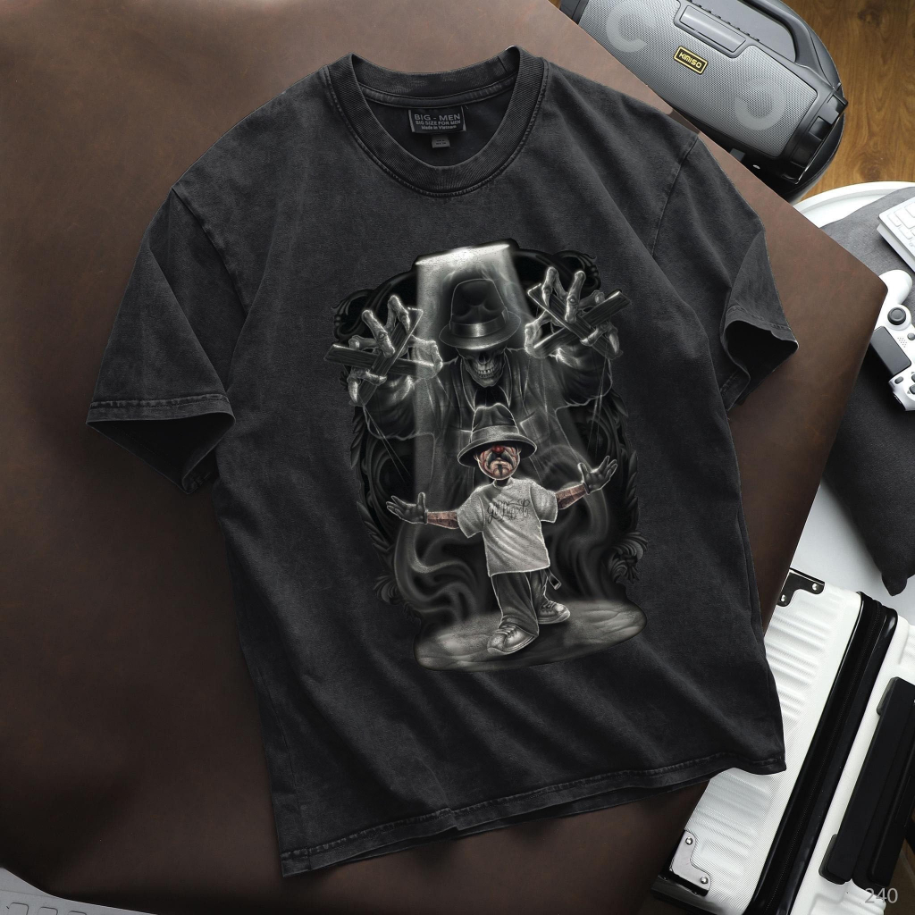 Áo thun cotton wash bigsize nam in hình thời trang cỡ đại < 140kg - bóng đêm