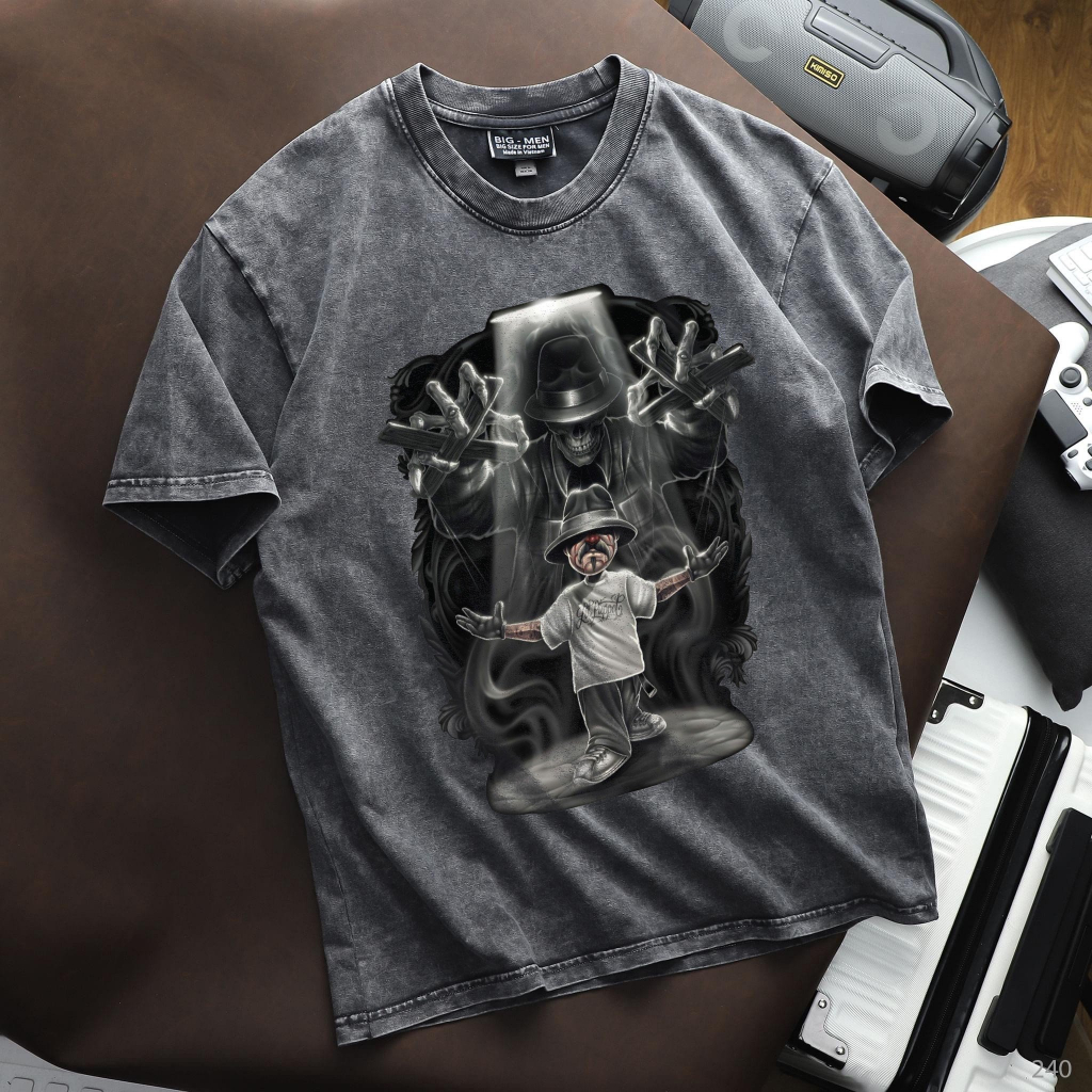 Áo thun cotton wash bigsize nam in hình thời trang cỡ đại < 140kg - bóng đêm