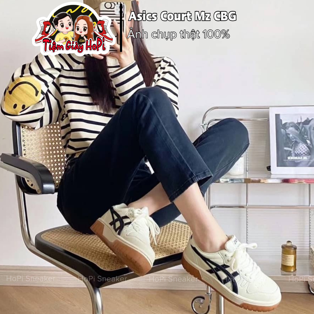 Giày Thể Thao Asics Court Mz CBG Kem Vạch Đen, Trắng Vạch Xám, Phù hợp mọi phong cách | HoPi