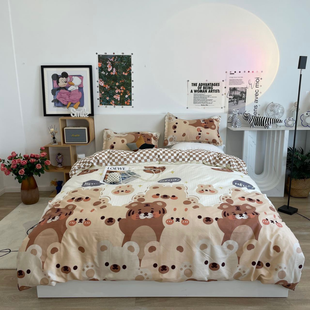 Bộ chăn ga gối drap giường chất cotton poly họa tiết thỏ trắng