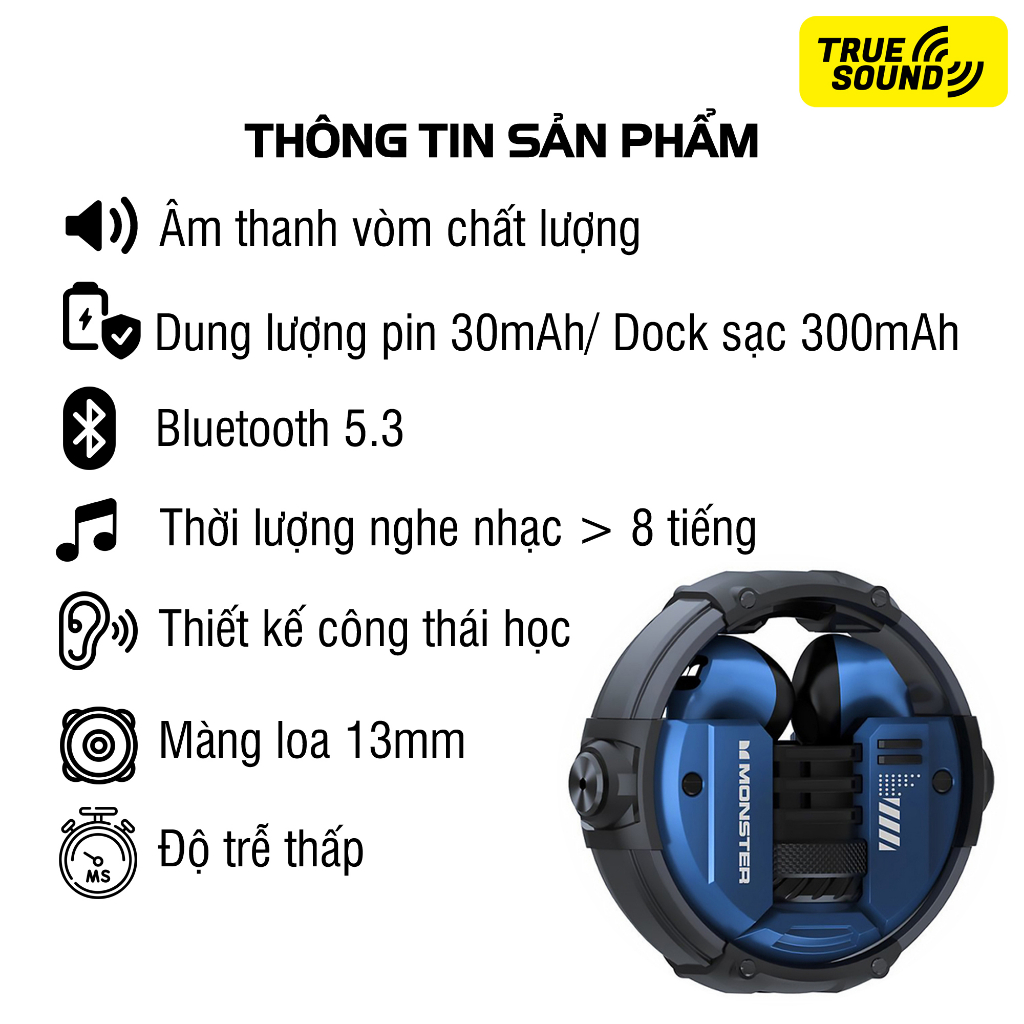 Tai nghe Bluetooth MONSTER XKT10 V5.3. Thiết kế 2023 công thái học, âm thanh vòm, chuẩn chống nước IPX4.