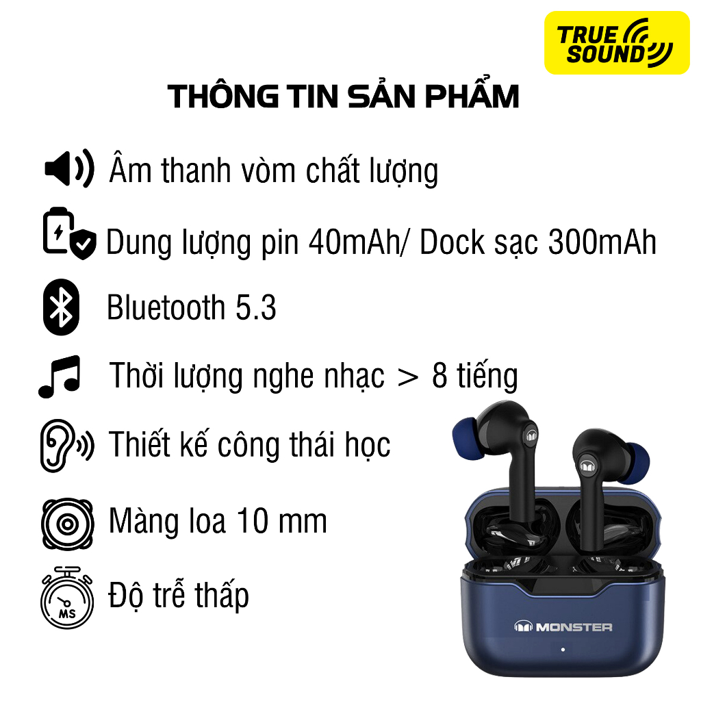 Tai nghe Bluetooth MONSTER XKT02 V5.3. Giảm tiếng ồn, chống nước IPX4.
