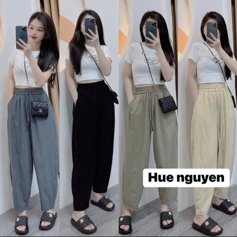 Quần baggy lưng thun chất vải gió mềm mát có dây rút thoải mái, Quần baggy cạp cao nhiều màu siêu xinh