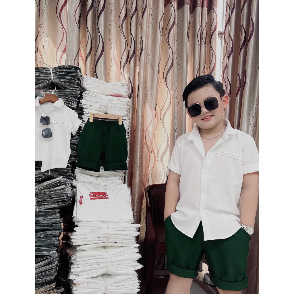 Set bộ đồ áo trắng ngắn tay quần lửng xanh rêu vải đẹp cho bé trai bé gái đi học đi chơi đi tiệc du lịch size nhí đại
