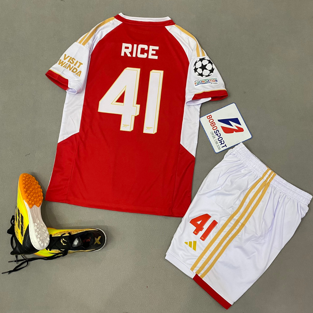 Bộ quần áo bóng đá Arsenal đỏ sân nhà in tên RICE- số 41 font cup C1