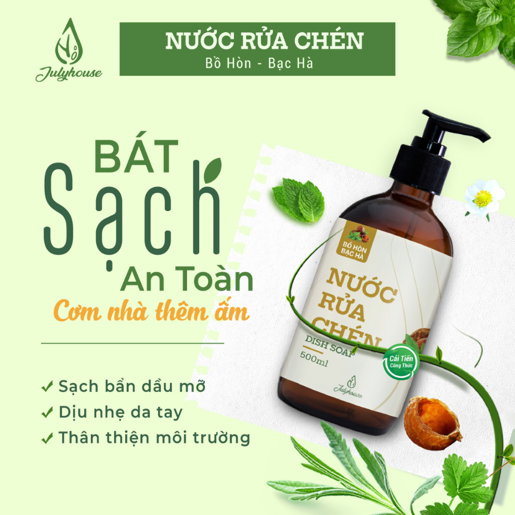 [Mới] Nước rửa chén hữu cơ chiết xuất Bồ Hòn và tinh dầu Bạc Hà 500ml JULYHOUSE khử mùi tanh