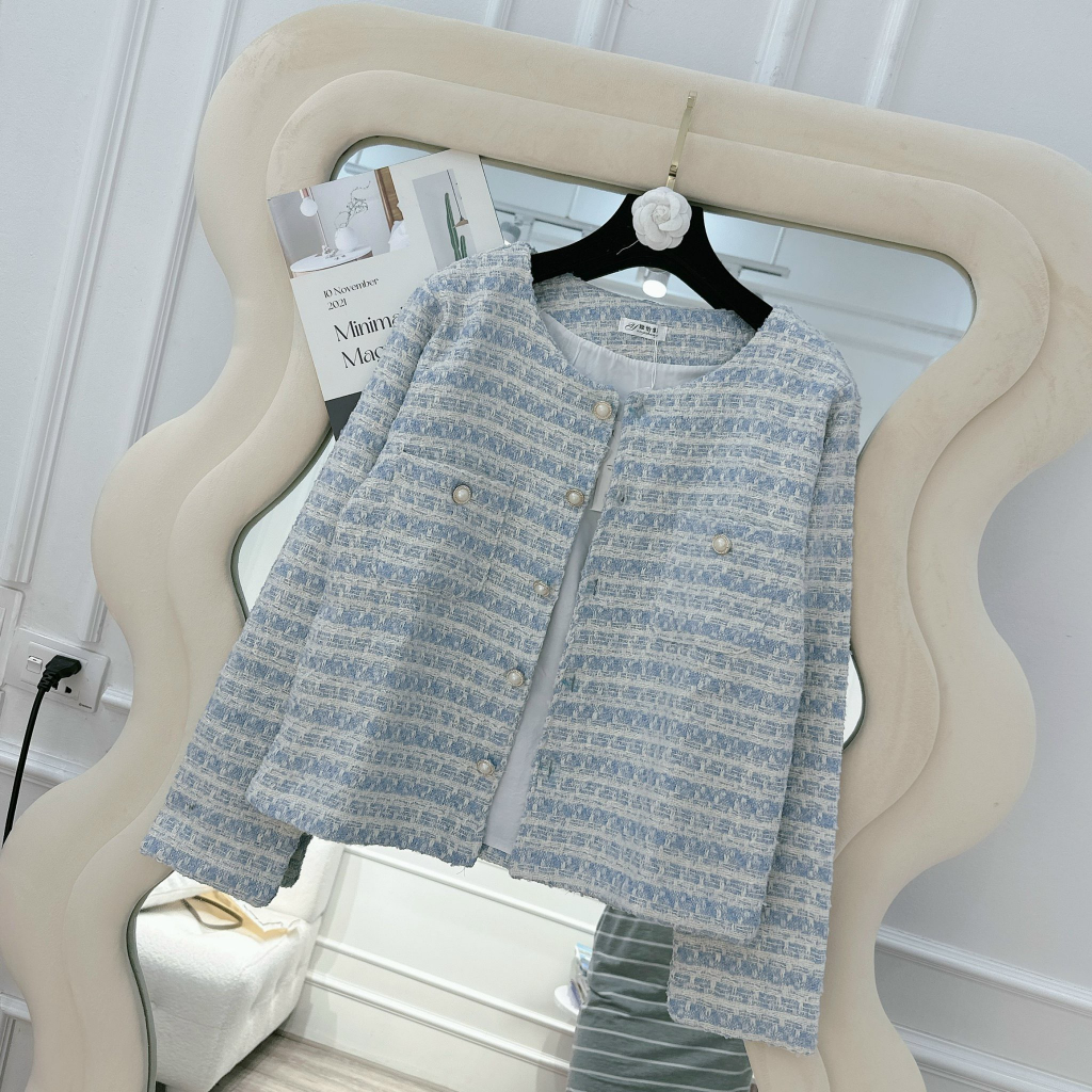Áo dạ tweed dáng ngắn dài tay xanh cúc ngọc hàng hai lớp cúc khâu tay siêu sang mẫu mới 2023