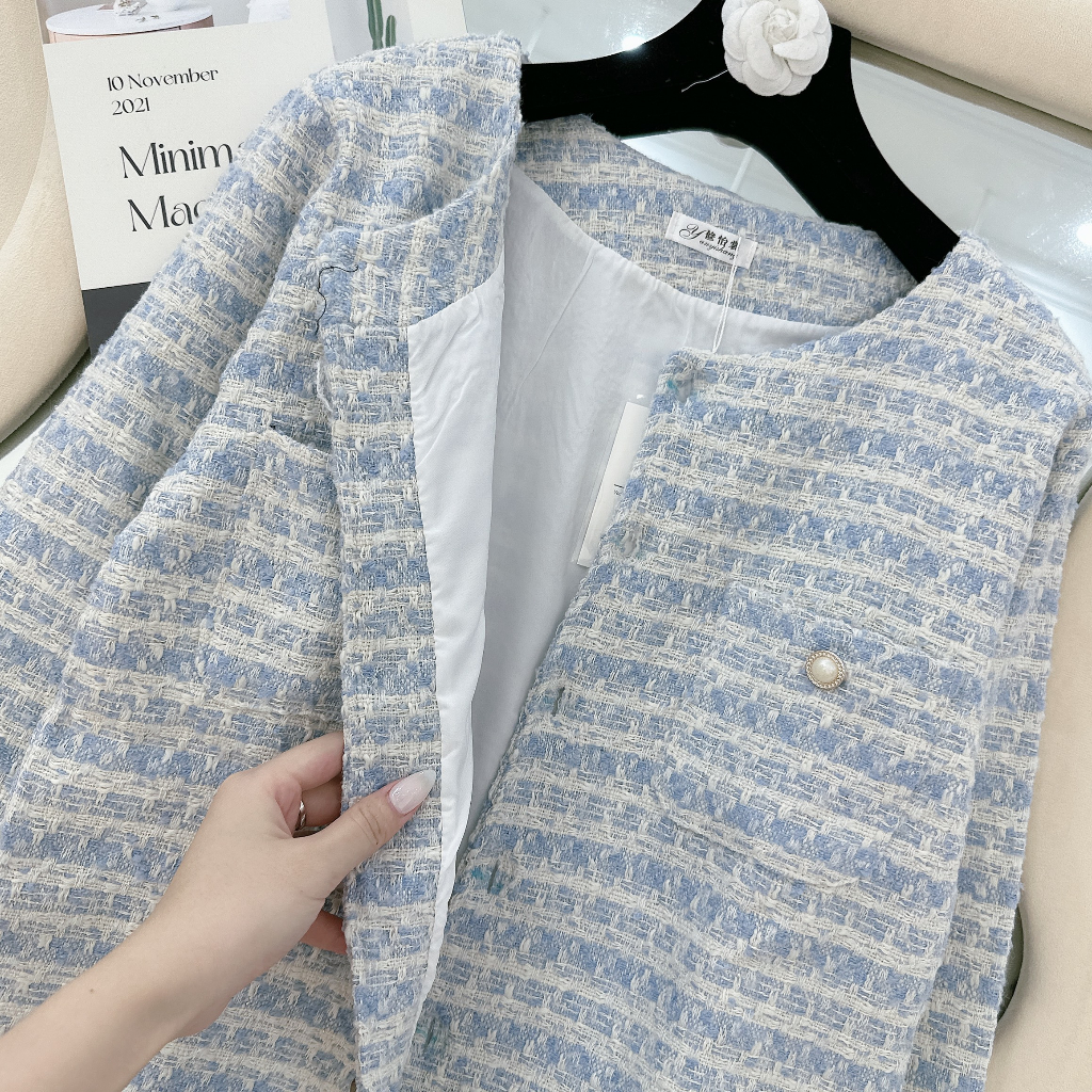 Áo dạ tweed dáng ngắn dài tay xanh cúc ngọc hàng hai lớp cúc khâu tay siêu sang mẫu mới 2023