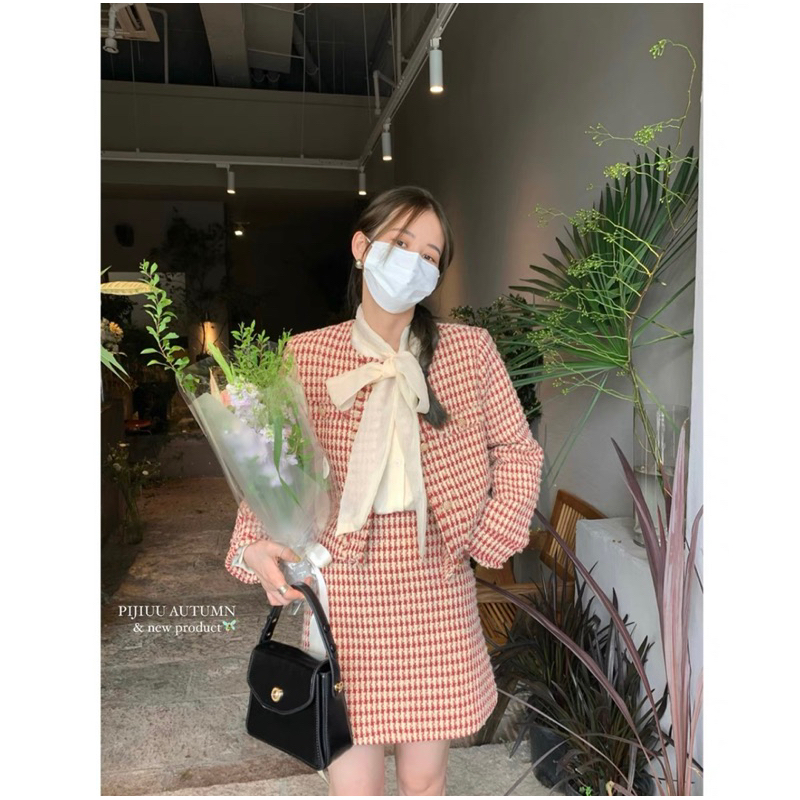 Set Dạ Tweed Hai Món Kẻ Sọc Phong Cách Hàn Quốc Có Ảnh Thật_ Hàng Order QCCC
