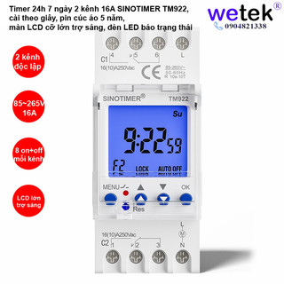 Timer 24h 7 ngày 2 kênh 16a sinotimer tm922, cài theo giây, lcd lớn có trợ sáng đèn nền, pin cúc áo, bh 12t