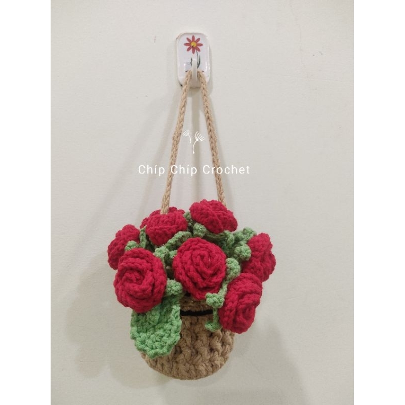 giỏ hoa hồng len đỏ handmade 9 bông