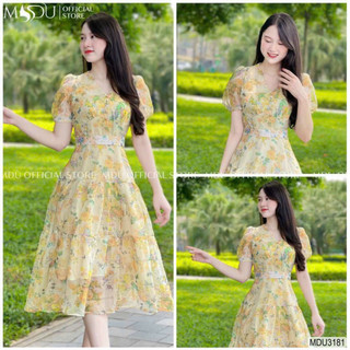 Đầm tùng xòe nút bọc cổ chữ V chất voan hoa nhí mặc đi chơi