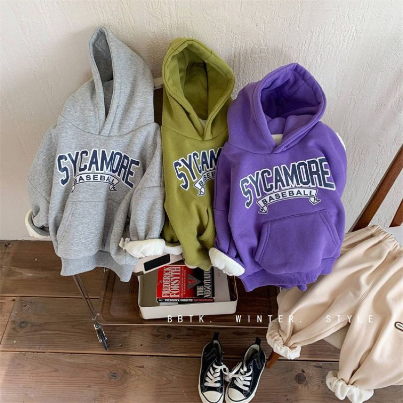 Áo hoodie lót lông hoạ tiết chữ in kiểu dáng basic cho bé tra bé gái - áo hoodie ấm áp cho bé