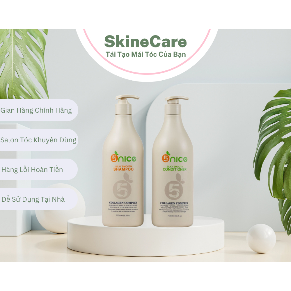 Dầu gội xả cặp phục hồi tóc hư tổn gãy rụng keratin collagen 5nice 750ml combo dưỡng tóc mượt mà - Shine.Skincare