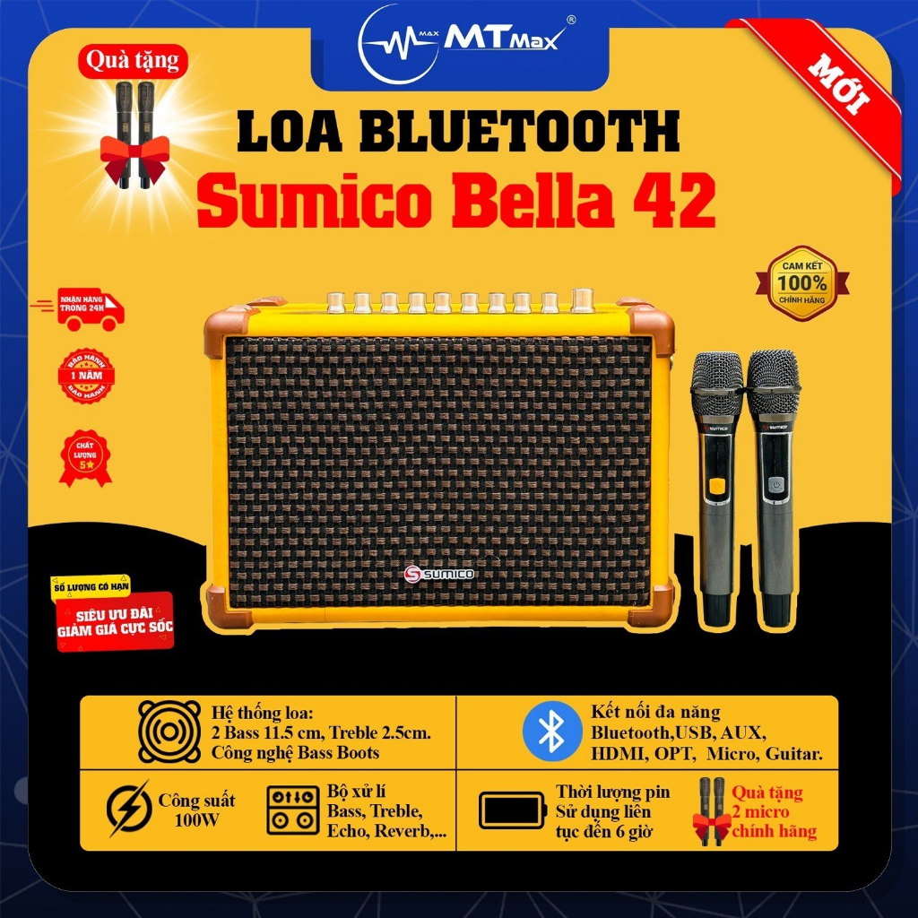 HOT Loa Xách Tay Karaoke Sumico Bella 42 - Âm Thanh Vượt Trội, Thiết Kế Trẻ Trung, Tặng Micro Không Dây Q03 Chính Hãng