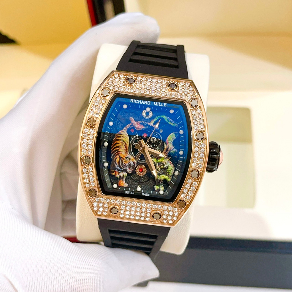 Đồng Hồ Nam Richard Mille Đính Đá, Size Mặt 43mm, Dây Cao Su, Máy Pin, Chống Nước, Sang Trọng Bảo Hành Máy 12 Tháng
