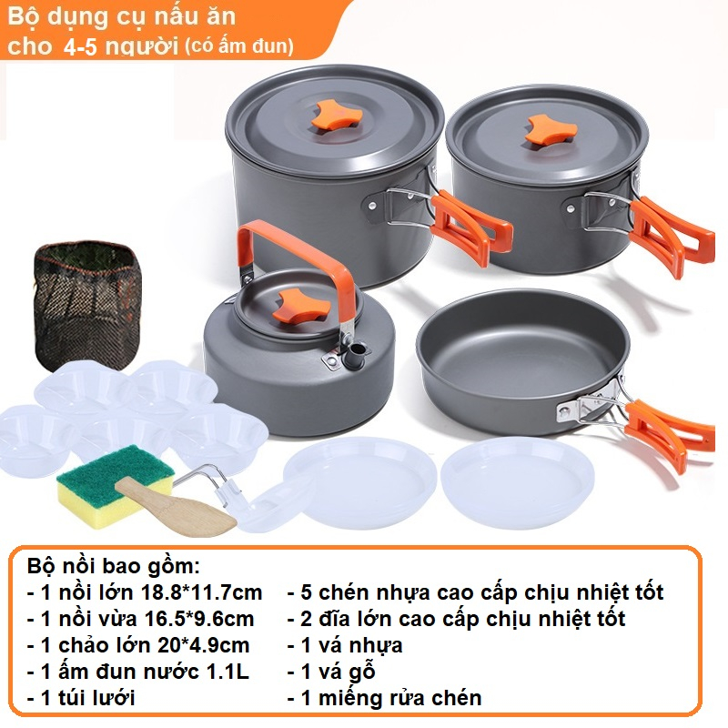 Bộ nồi cắm trại, dã ngoại, đi phượt cho 4-5 người 14 món CÓ ấm đun nước