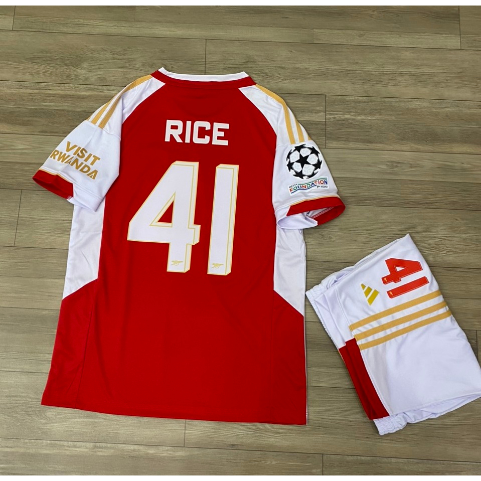 Bộ quần áo bóng đá ARSENAL đỏ sân nhà 2024 in tên RICE số 41 font cup C1