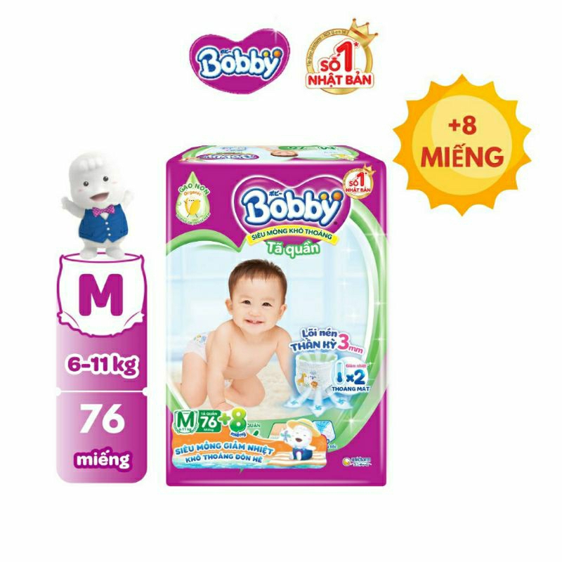 《 HCM 》 TẶNG 8 MIẾNG + ĐÀN NHẠC 👉 Tã quần / tã dán Bobby siêu mỏng S80+2 / M76+8 / L68+2 / XL62+8 / XXL56+8