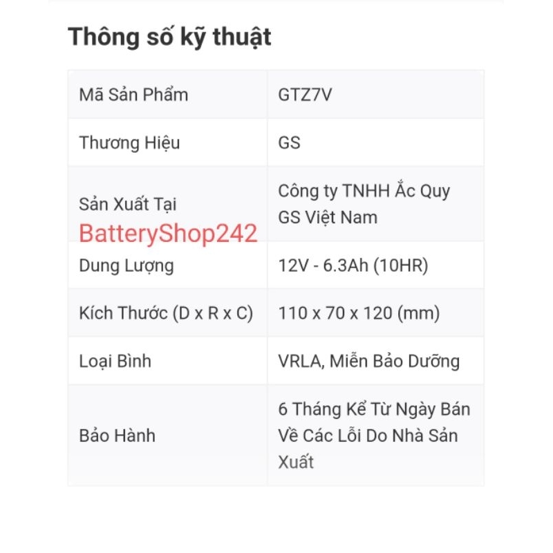 Ắc quy xe NVX 125/155 GS GTZ7V 12V-6.3Ah. Dùng cho xe NVX, Grande 2020-2022