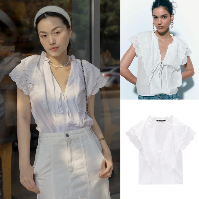 Áo sơ mi tay ngắn cổ V viền ren (kèm ảnh thật)