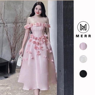 [MERR2028] Đầm Tafta Dài Một Lớp Trễ Vai Đính Hoa Ảnh Thật | MERRCHUYENVAY