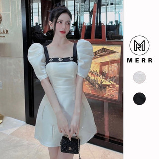 Đầm tafta tay bồng cổ vuông đính đá ảnh thật | merrchuyenvay