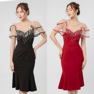 ĐẦM BODY ÔM TAY LOE PHỐI REN ĐÍNH HẠT TẶNG KÈM HOA TAI THỜI TRANG