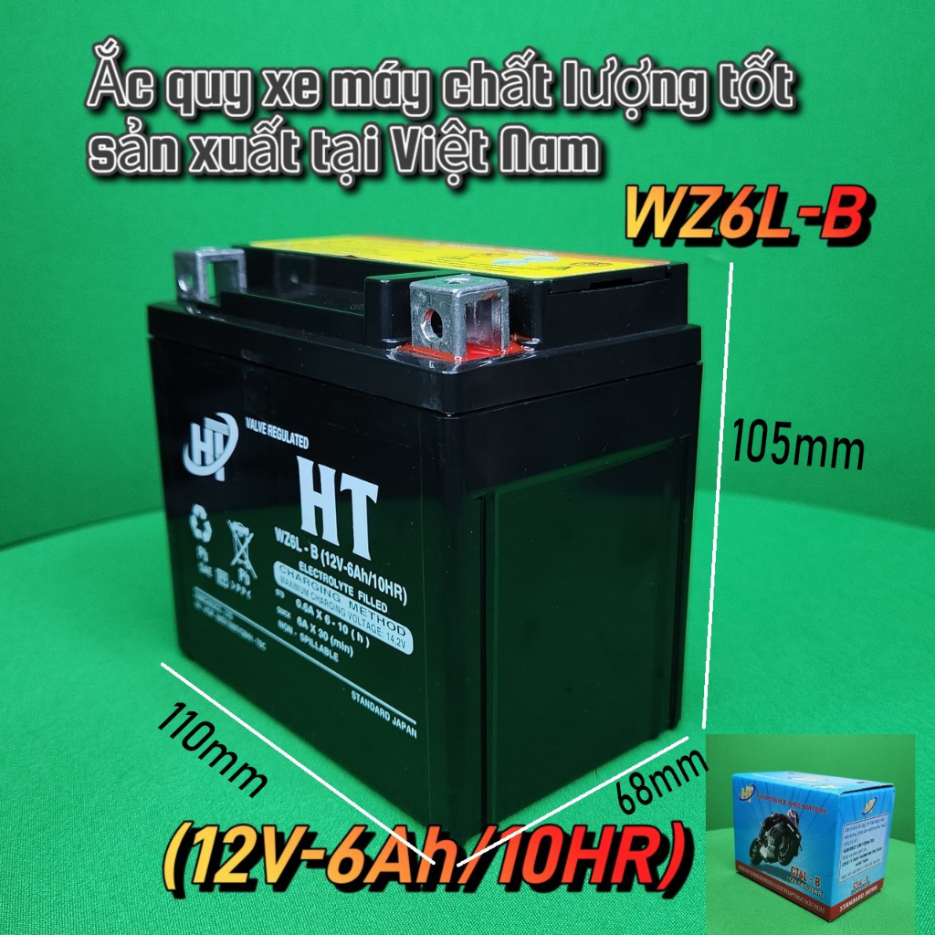 Bình ắc quy khô HT WZ6L 12V-6Ah BH 6 tháng cho xe sh mode,vision,Ab,Vario,..vv