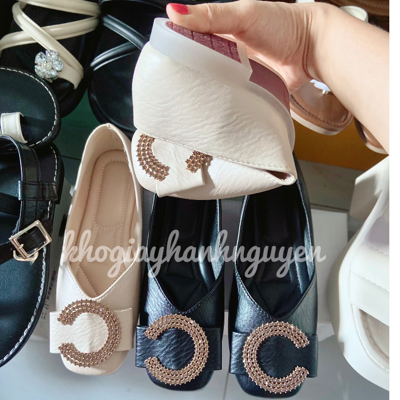 Giày bệt búp bê gắn tag đá da mềm đế dẻo hàng QC