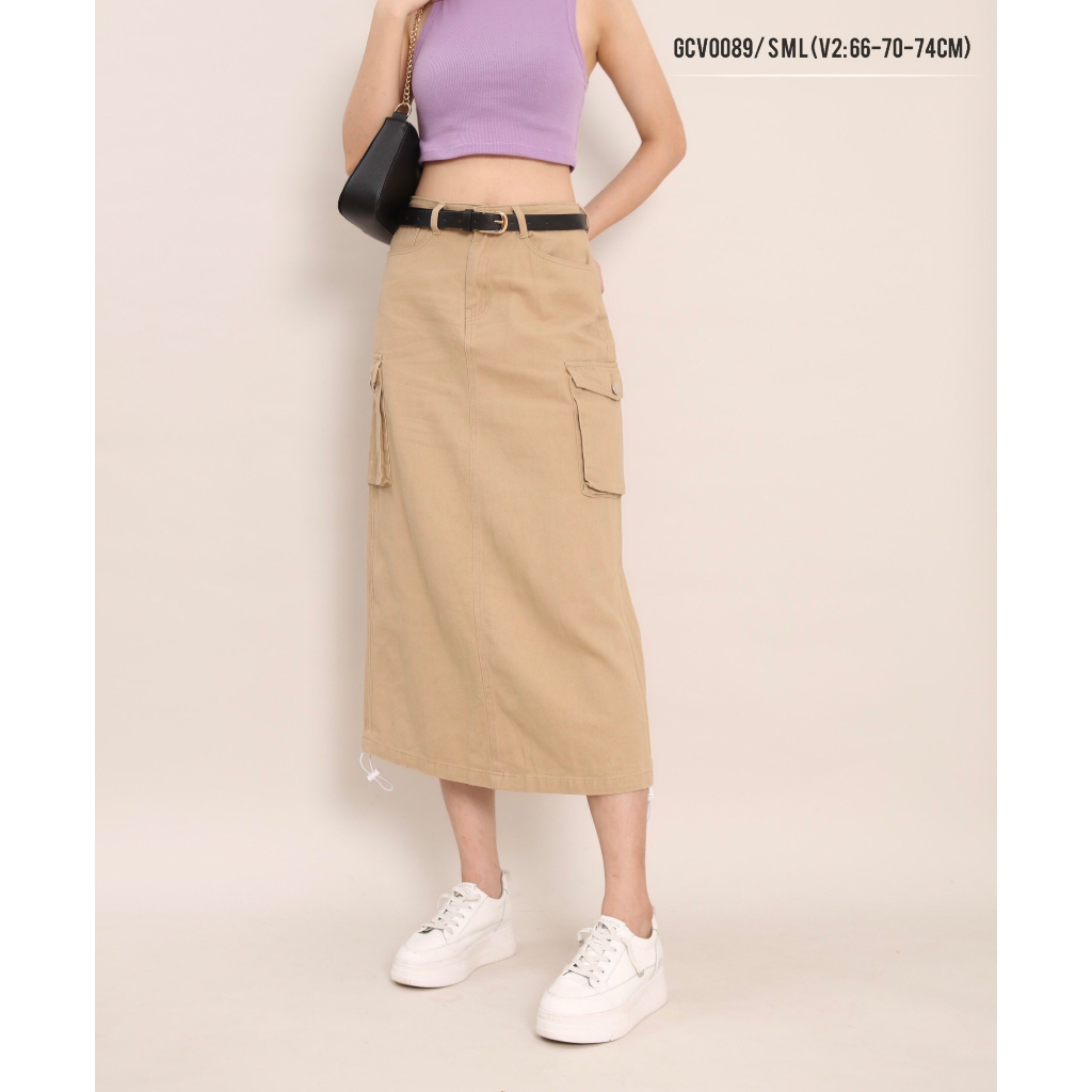 Chân váy nữ ANZi chân váy midi dáng dài chữ A có túi hộp cạp cap GCV0089