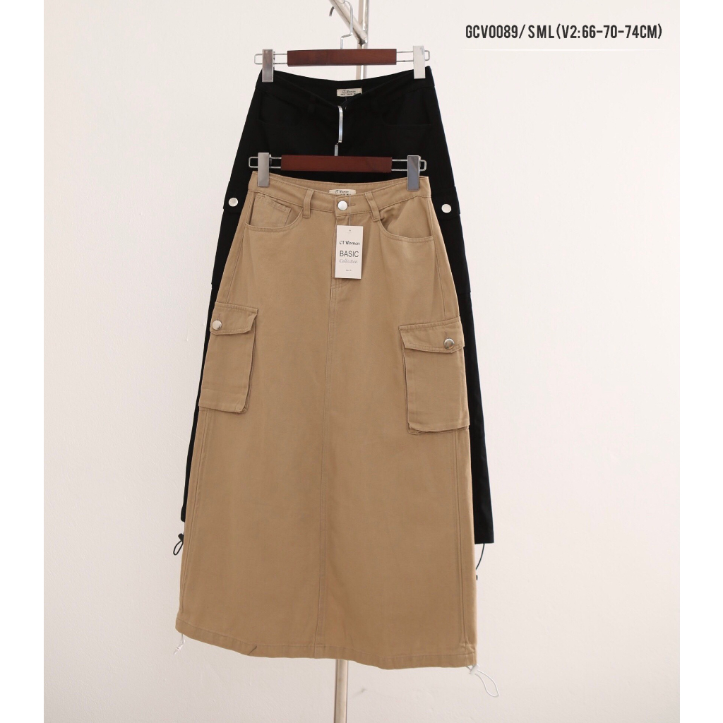 Chân váy nữ ANZi chân váy midi dáng dài chữ A có túi hộp cạp cap GCV0089